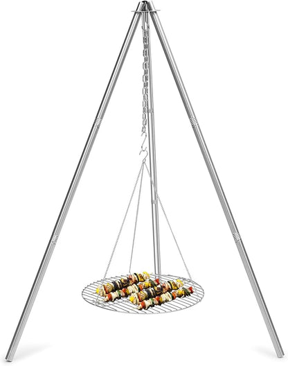 HaSteeL Camping Tripod for Outdoor, Adjustable Portable Cooking Tripod with 17”Folding Grill Grate, Stainless Steel Campfire Grill Stand Hanger for Dutch Oven Hunting Beach BBQ Fire Pit, Easy Assemble