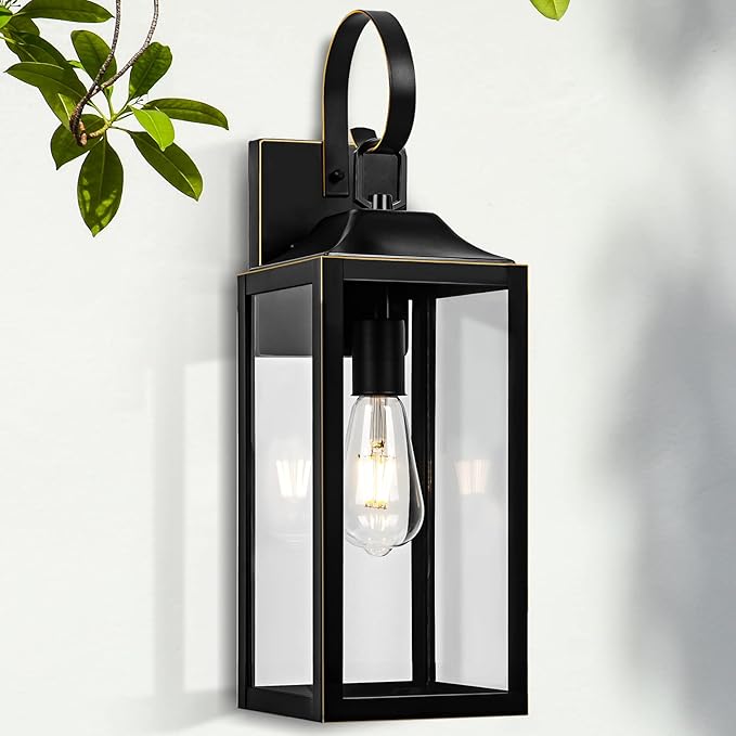 19" Large Outdoor Wall Light, Black Outside Light for House Outdoor Sconce Wall Lighting Fixture, Farmhouse Exterior Wall Mount Lantern for Porch, Waterproof Glass Patio Lamp, Black with Gold Trim