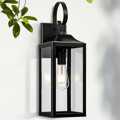 19" Large Outdoor Wall Light, Black Outside Light for House Outdoor Sconce Wall Lighting Fixture, Farmhouse Exterior Wall Mount Lantern for Porch, Waterproof Glass Patio Lamp, Black with Gold Trim