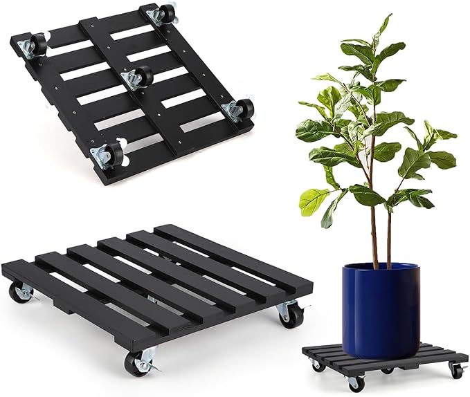 2 Pack Plant Stand with Wheels, 14" Rolling Plant Stand 264 LBS Heavy Duty Wooden Square Plant Caddy with Metal 360° Lockable Caster Wheels for Outdoor Indoor Large Plant Pots, Flower Pot, Patio-Black
