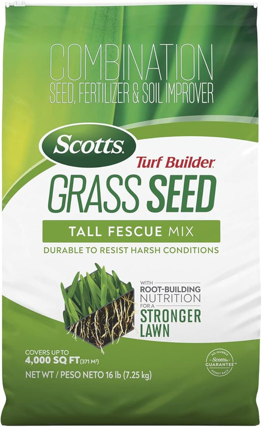 Scotts Turf Builder Grass Seed Tall Fescue Mix with Fertilizer and Soil Improver, Resists Harsh Conditions, 16 lbs.