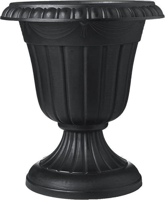 Arcadia Garden Products PL00BK Classic Traditional Plastic Urn Planter, 16” x 18”, Black