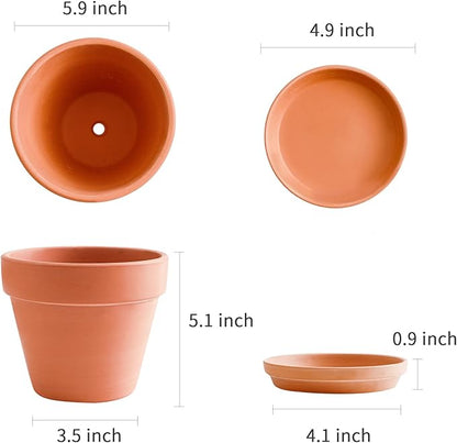 Terracotta Pots 6 Inch (4 Pack), Clay Pots for Plants with Drainage Hole and Saucer, Flower Pot with Tray, Large Terracotta Pot for Indoor Outdoor Plant