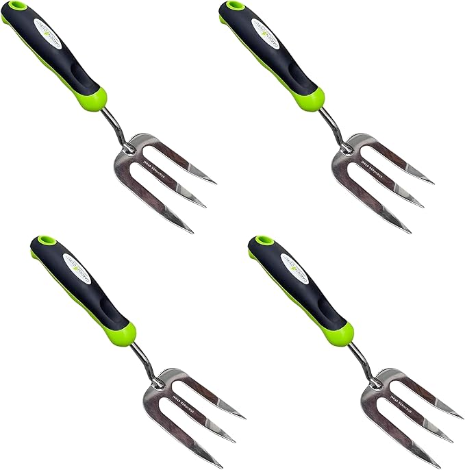 Garden Guru Stainless Steel Hand Weeder Fork Tool – Rust Resistant Stainless Steel – Ergonomic Handle – Great for Planting, Spreading Mulch, Weeding, Loosening & Transplanting Soil (4 Pack)