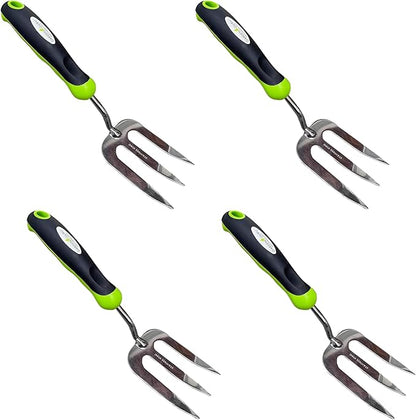 Garden Guru Stainless Steel Hand Weeder Fork Tool – Rust Resistant Stainless Steel – Ergonomic Handle – Great for Planting, Spreading Mulch, Weeding, Loosening & Transplanting Soil (4 Pack)