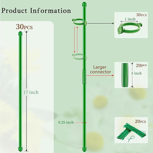30Pcs Plant Support Stakes 17 inch SupKing Garden Orchid Sticks Extended to 3ft 4ft 5ft Plant Poles with Clips for Indoor Outdoor Potted Tomato Rose Amaryllis Vegetables Comes with 20 Ties