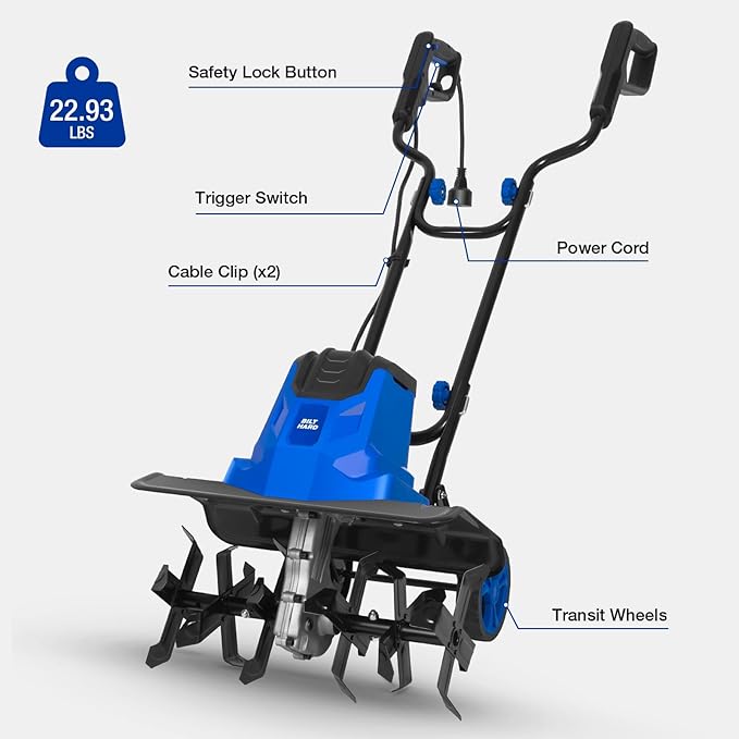 BILT HARD 16-Inch Corded Garden Tiller Cultivator, 13.5-Amp 6 Steel Tines Tillers with Adjustable Wheels & Foldable Handle, 8-Inch Tillling Depth Electric Rototiller for Lawn/Yard/Garden Soil Digging