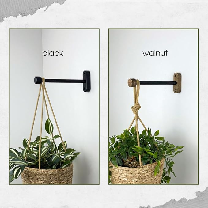 EvenWood 2-Piece Set of Wooden Plant Hooks for Wall with Sturdy Metal Tube - Plant Wall Hanger for Pots, Flower Brackets - Bracket Plant Hanger for Indoor and Outdoor Decorations (Black, 6 Inch)