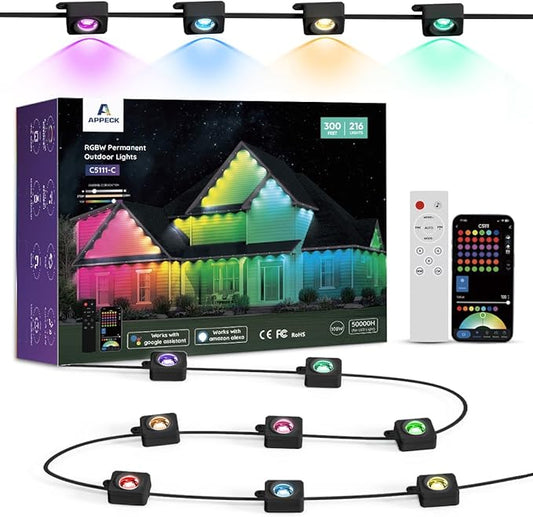 APPECK Permanent Outdoor Lights 300ft with 216 LED Lights, 108W Smart RGBW Eaves Lights, DC 36V, 40LM, IP67 Waterproof String Lights for Halloween Christmas Decor, Compatible with Alexa, Black