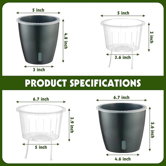 Self Watering Pots for Indoor Plants, 6-Pack 5'' Self Watering Planter with Drainage Holes, Small African Violet Pots with Water Indicator, Clear Wick Orchid Pot, Grey Gold