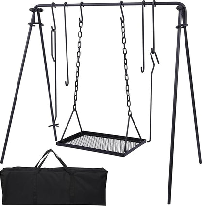 REDCAMP Swing Outdoor Campfire Grill Stand - Collapsible Campfire Cooking Rack with 6 Hooks & Iron Grill Grate, Portable Dutch Oven Hanger for Camping, Hiking, Cookware, Bonfire, Rectangle