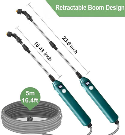 Battery Powered Sprayer Wand,23.6" Electric Sprayer Telescopic Wand with 3 Spray Forces, Battery Indicator, 16.4FT Hose, 3 Mist Nozzles for Lawn and Garden