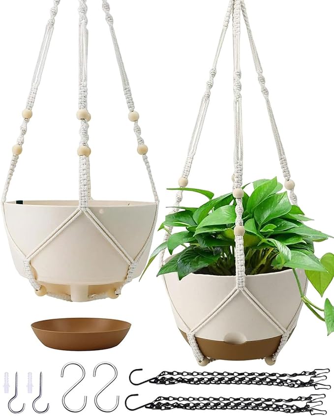 Hanging Planters for Indoor Plants, 2 Pack 10 Inch Self Watering Pots with Macrame Plant Hanger, Hanging Baskets Holder for Outdoor Garden Home Ceiling Window Decor