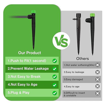 100PCS Drip Irrigation Emitters, Kalolary Adjustable 360 Degree Water Flow Drippers Emitters for 1/4" Drip Irrigation System Tubing, Irrigation Drippers for House Garden Flower beds(Medium Green)