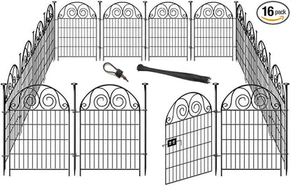 Tall Garden Animal Barrier Fencing with Gate, 32 in(H)×27 in(L) 16 Panels Dog Digging Fence Barrier, Black Metal Temporary Fence, Reusable Defense Fences for Outdoor Yard. Total 35 Ft│Patented