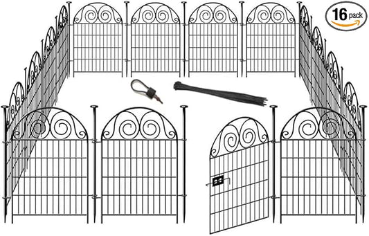 Tall Garden Animal Barrier Fencing with Gate, 32 in(H)×27 in(L) 16 Panels Dog Digging Fence Barrier, Black Metal Temporary Fence, Reusable Defense Fences for Outdoor Yard. Total 35 Ft│Patented