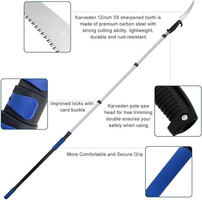 18FT Reach Pole Saws for Tree Trimming with 3-12FT Telescoping Extension Pole, Anti-slip Handle, Manual Pruning Pole Saw with 19" 3X Detachable Saw for Forestry, Yard, Garden, Patios