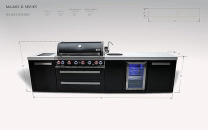 Mont Alpi MAi805-BSSBEV 6-Burner 115000 BTU Black Stainless Steel Island Outdoor Kitchen Gas Barbecue Grill with Beverage Center - Granite Countertops + Storage Drawers and Cabinets + Faucet & Sink