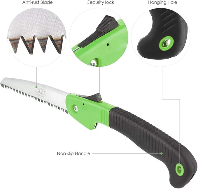 Folding Pruning Saw, 7"/180mm Sharp Hand Saw With Premium Secure Lock Comfort Soft Grip, Compact Sturdy Tree Trimmer for Garden Branch, Camping (Green/Black)