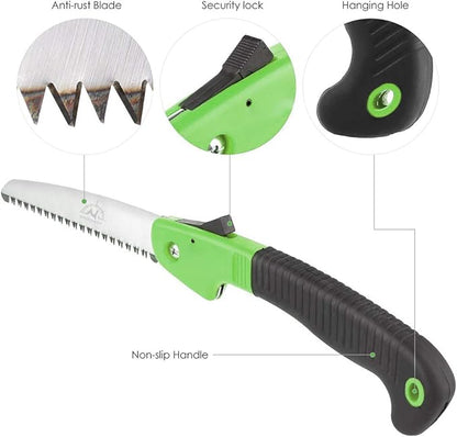 Folding Pruning Saw, 7"/180mm Sharp Hand Saw With Premium Secure Lock Comfort Soft Grip, Compact Sturdy Tree Trimmer for Garden Branch, Camping (Green/Black)