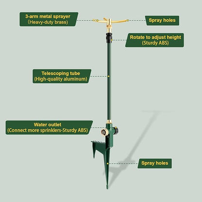 3-Arm Garden Sprinkler,360 Degree Rotating Lawn Sprinklers with Adjustable Tripod Base,Yard Sprinkler for Large Area Coverage,Hose Attachment Water Sprayer for Lawn,Garden,Animal Deterrent