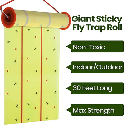 Qualirey Giant Sticky Fly Traps,30 Feet Fly Strips for Indoor Outdoor Hanging Flying Tapes Non Toxic Ribbon Fruit Gnat Killer for Mosquito Plants House Horse Stable (Yellow,2 Pcs)