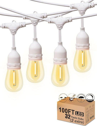 Outdoor String Lights LED White 100FT Patio Lights String with 32 1W Dimmable Shatterproof Bulbs for Wedding Pergola Gazebo Bistro Outdoor