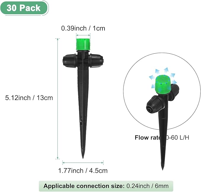 30-Pack Drip Irrigation Emitters Sprayers, Drippers on 5"/13mm Stake Adjustable 360 Degree Water Flow 8 Holes for 1/4" Drip Irrigation Tubing for Watering System [Dark Green, Drip]