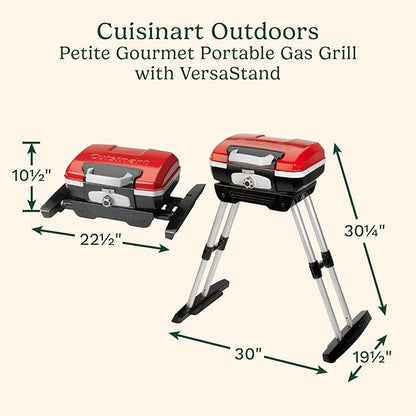 Cuisinart Petite Gourmet Portable Gas Grill with VersaStand, Compact Portable Grill Propane, 150 Sq. In. Cooking Surface, 5,500 BTU Burner Small Gas Grills for Camping, BBQ, Adjustable Base, Handles
