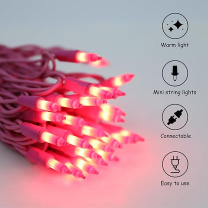Vigdur 2 Pack 13ft 50 Count Outdoor String Lights on Pink Wire Cord, UL Approved for Indoor/Outdoors Use, Connectable 120V Clear Outdoor Lights for Xmas Patio Home Party Garden Decor(Pink)