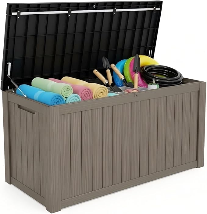 180 Gallon Resin Deck Box with Lockable Lid - Outdoor Waterproof Storage for Patio Furniture, Garden Tools, Cushions & Pool Accessories, All-Weather Wood Grain Design