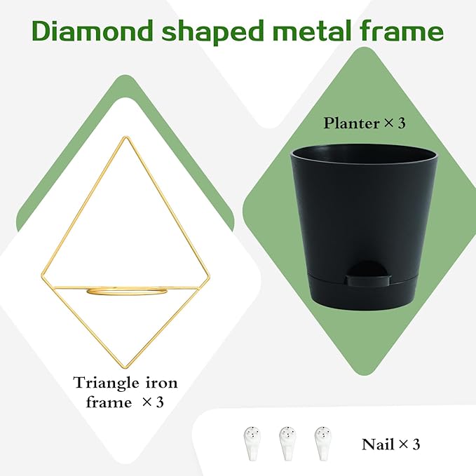 3 Sets Wall Planters for Indoor Plants Geometric Hanging Planters for Indoor Plants - Self-Watering Flower Pots with Black Metal Holder, Mounted Succulent Planter, 5" Black Plant Pot