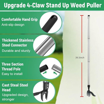 Standing Grass Puller ，Stand Up Weed Puller Tool with Stainless Steel Stick- 4 Claw Steel Head - Sectional Pole Design - 100% Metal - Easily Remove Weeds Without Bending or Kneeling