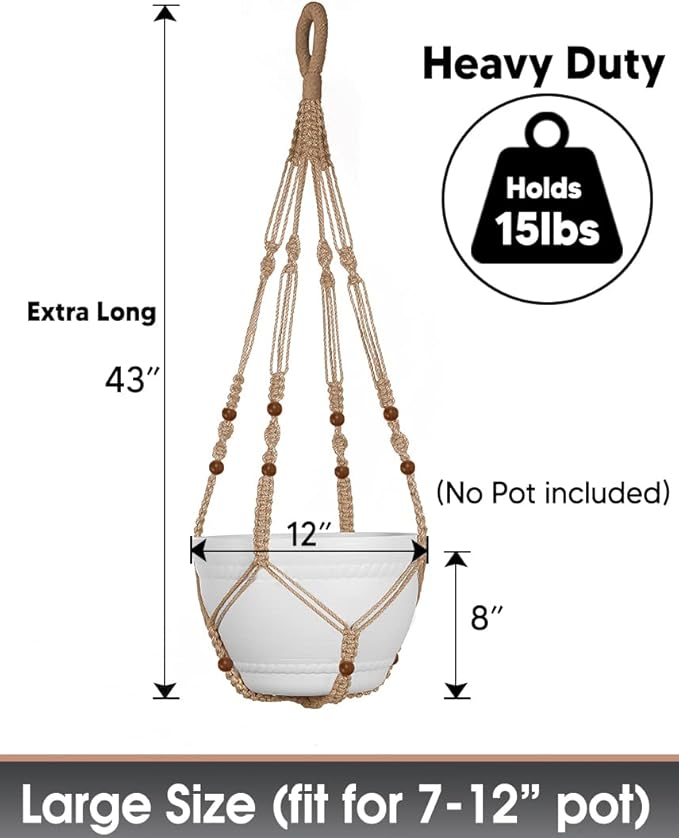 2PK 43 Inches Macrame Planter Hanger Large for 12 inch Pot + Swag Hook (Extra Long & Big) | Large Hanging Planter for Indoor Plants | No Tassel, Cotton Rope, NO Pot/Plant Included (Jute)(XL)