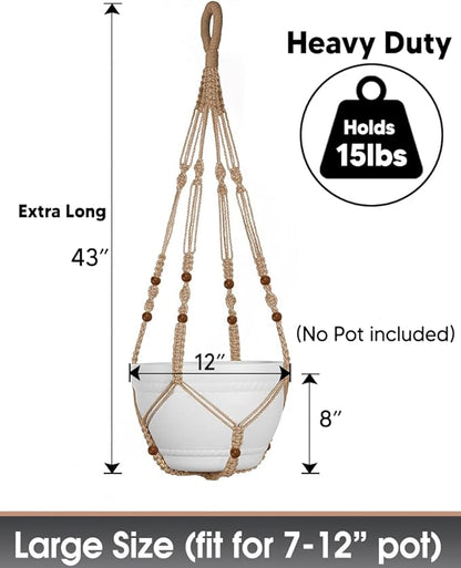 2PK 43 Inches Macrame Planter Hanger Large for 12 inch Pot + Swag Hook (Extra Long & Big) | Large Hanging Planter for Indoor Plants | No Tassel, Cotton Rope, NO Pot/Plant Included (Jute)(XL)