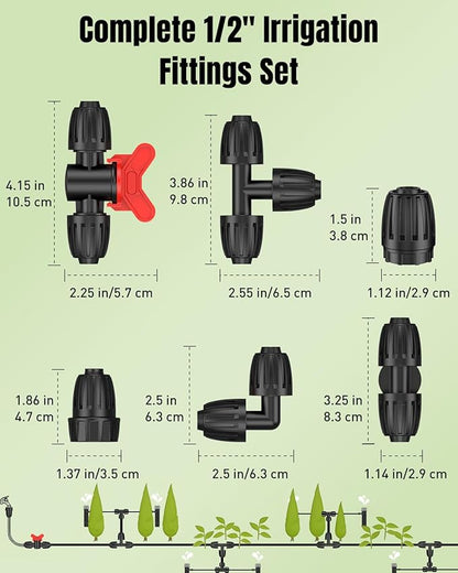 Pawfly 17 Pcs Drip Irrigation Fittings Kit for 1/2" Tubing, Barbed Drip Line Connectors with 4 Tees, 2 Standard Couplings, 3 Flow-Control Couplings, 4 Elbows, 2 Faucet Adapters & 2 End Caps