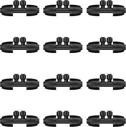 Pawfly 12 Pcs 1/2'' to 1/4'' Drip Irrigation Fittings, 4-Way Barbed Tee Quick Connectors with Anti-Drop Locked Nuts, Push-to-Fit Drip Irrigation Parts for Garden Lawn, Anti-Leak Reducing Tees