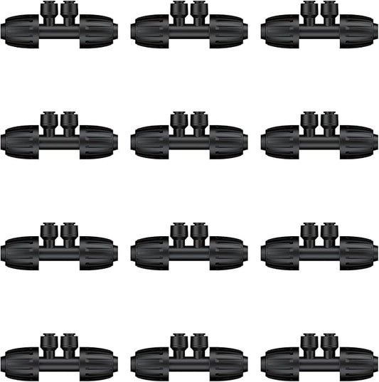 Pawfly 12 Pcs 1/2'' to 1/4'' Drip Irrigation Fittings, 4-Way Barbed Tee Quick Connectors with Anti-Drop Locked Nuts, Push-to-Fit Drip Irrigation Parts for Garden Lawn, Anti-Leak Reducing Tees