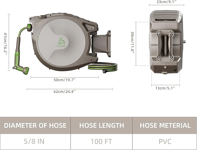 PINWHEEL 5/8in 100FT Retractable Garden Hose Reel, Automatic Retractable Hose with 10-Pattern Spray Nozzle, 180° Swivel Bracket, 3-Layer PVC Durable Water Hose for Yard Lawn Care (100 FT)