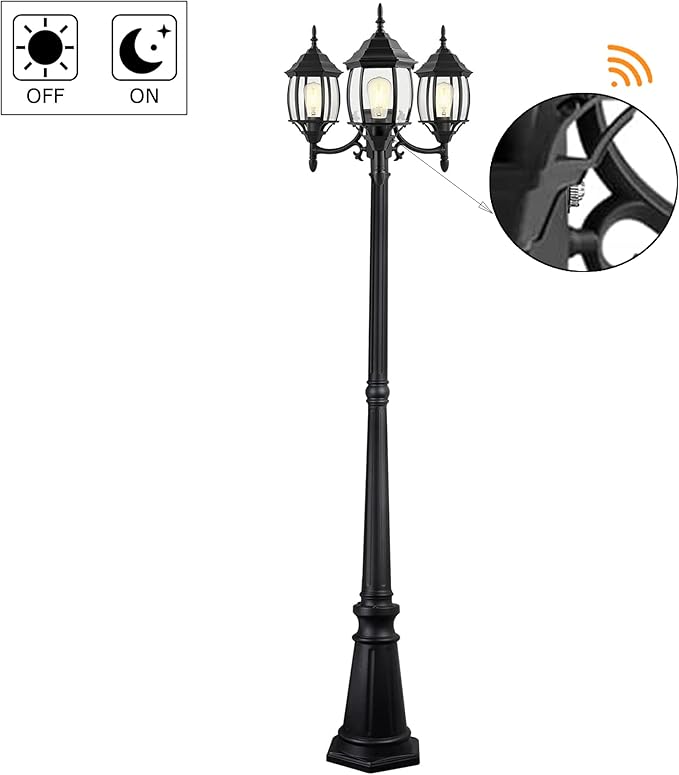 85 Inch 3-Light Lamp Post With Dusk To Dawn Sensor Three-Head Post Lantern For Garden Backyard Driveway 85in Outdoor Street Light,Aluminium Alloy,Clear Glass Shade,E26(Bulbs Not Included)