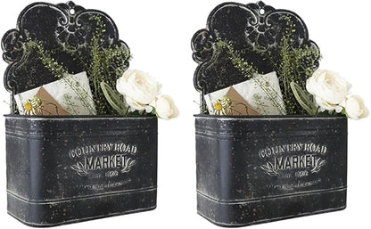 All Chic Set of 2 Metal Hanging Wall Planters Outdoor Indoor Mail Wall Mounted Planter Antique Shabby Chic Wall Decor (Black)
