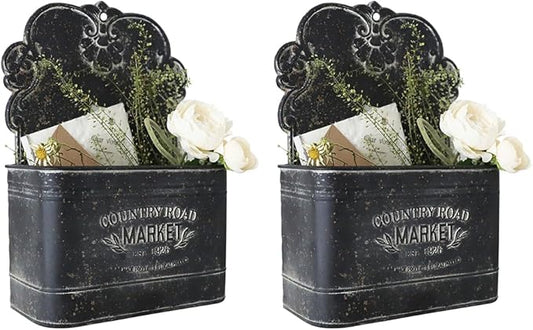 All Chic Set of 2 Metal Hanging Wall Planters Outdoor Indoor Mail Wall Mounted Planter Antique Shabby Chic Wall Decor (Black)