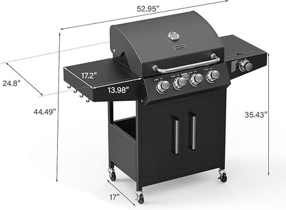 ROVSUN 4-Burner Propane Gas BBQ Grill with Side Burner & Enameled Cast Iron Grates, 58,000 BTU Barbecue Grill with Wheels for Outdoor Patio Backyard Cooking Grilling, Black