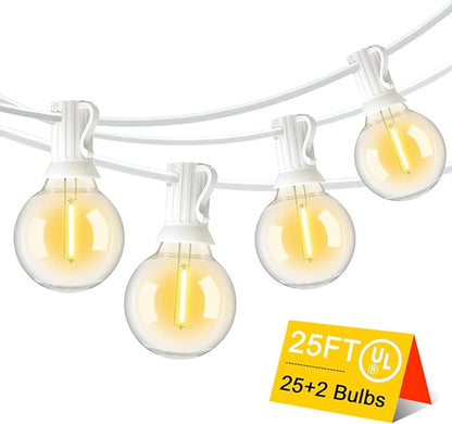 25FT LED Outdoor String Lights Waterproof Shatterproof with 25 Clear Plastic Bulbs & 2 Spares, White Wire for Cafe Garden Balcony Party Decor