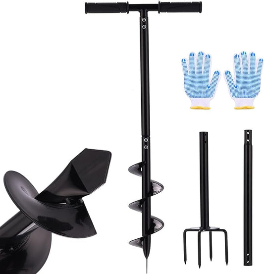 2 in 1 Hand Auger Spiral Drill for Planting, 4 X 44.5inch Post Hole Digger Manual Auger for Fence Posts, Sand, Bulb, Seedlings, Tree, Mail Box, Manual Garden Spiral Hole Digging Drill with Non-Slip.