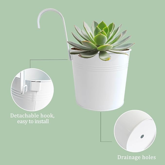 6 Pack Hanging Flower Pots, 6" White Metal Balcony Planters for Herb Succulent, Samll Railing Fence Hanging Bucket for Outdoor/Indoor Decoration (White, Pack of 6)