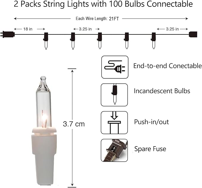 Vigdur 2 Pack 21ft White String Lights with 100 Bulbs on White Wire Cord, UL Approved for Indoor/Outdoors Use, Connectable 120V Clear Outdoor Lights for Xmas Patio Home Party Garden Decor (2 Packs)