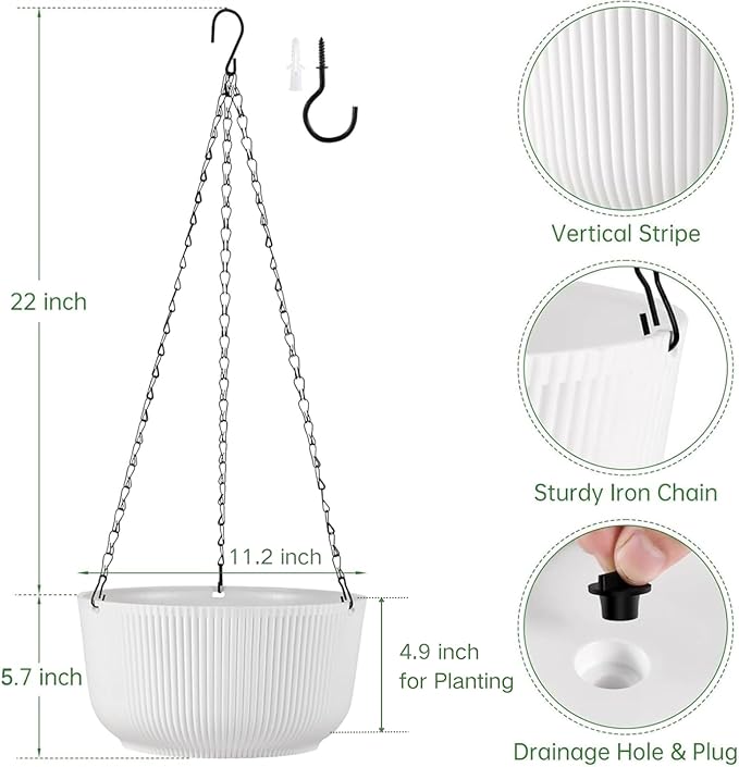 Set of 2 White 11.2 Inch Hanging Planters for Indoor Outdoor Plants, Self Watering Hanging Flower Pots with Drainage Hole & Plug