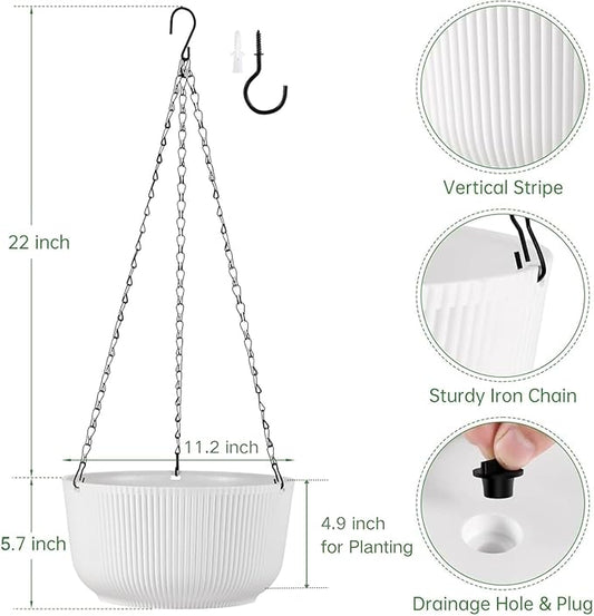 Set of 2 White 11.2 Inch Hanging Planters for Indoor Outdoor Plants, Self Watering Hanging Flower Pots with Drainage Hole & Plug