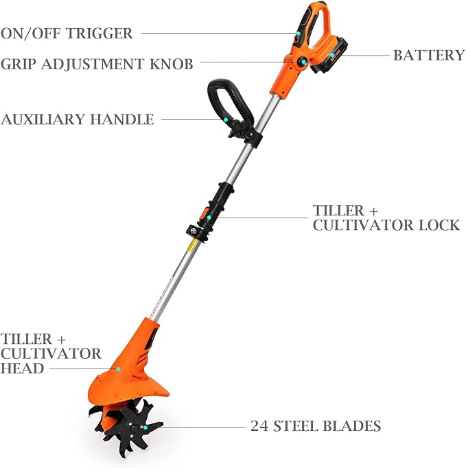 Ukoke Cordless Tiller Cultivator 20V 2.5 A Battery 280 max RPM Powered Tiller Cultivator, w/24 Steel Blade Cultivate Max Tilling 5'' deep Path by 7.8'' Wide, Orange, ST1902